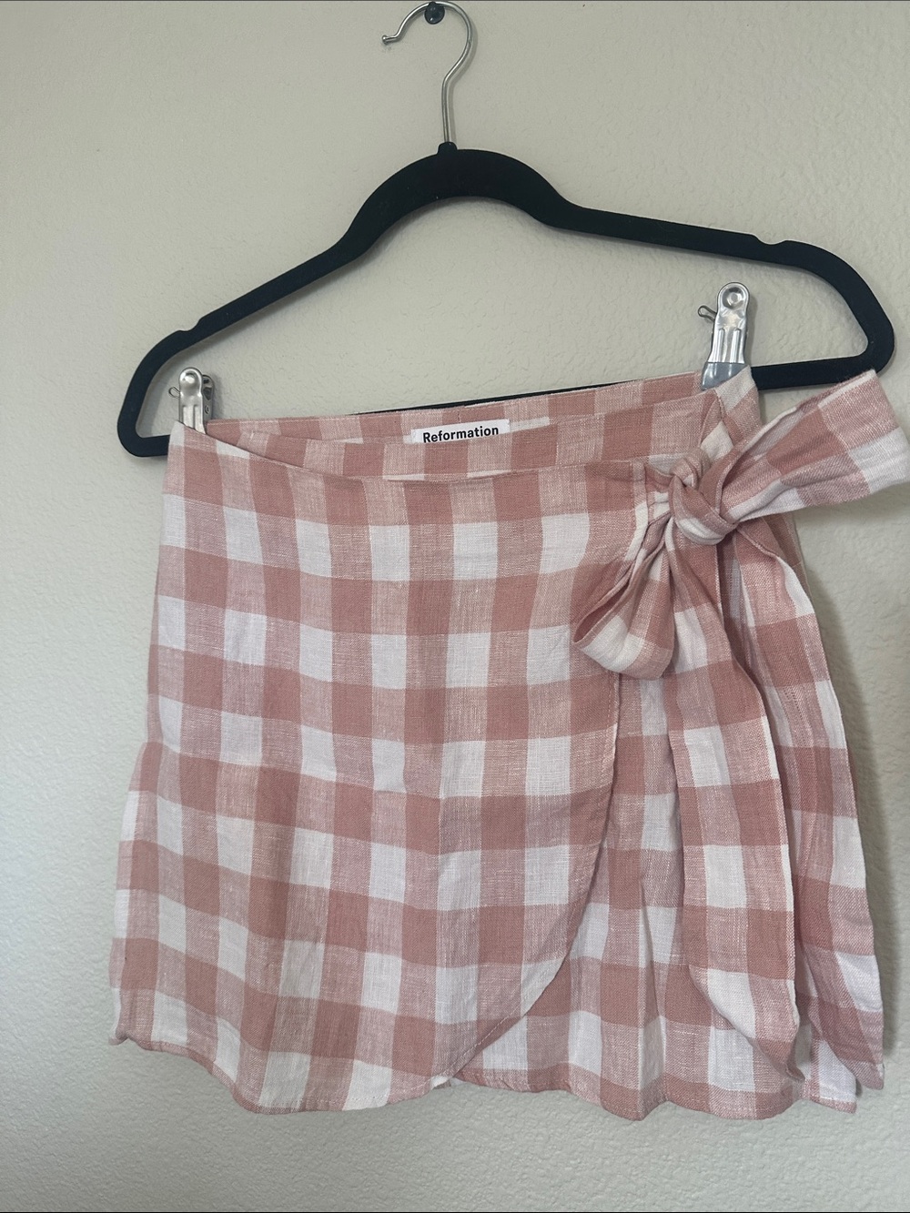 Reformation XS 100% Linen Pink Gingham Wrap Mini Skirt Cottagecore like new